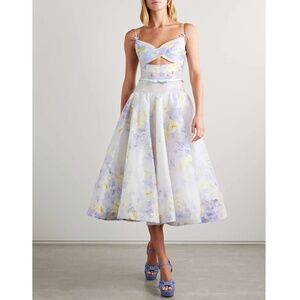 Zimmermann Floral Twist Front Organza Silk Linen Midi Dress Lilac Floral 8 NWT